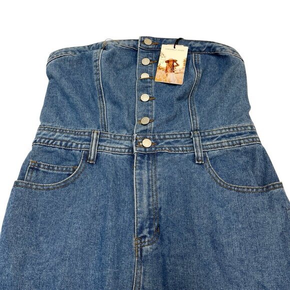 Sincerely Jules Y2K Dress Womens L Denim Strapless Cropped Wide Leg Smocked - Picture 3 of 14